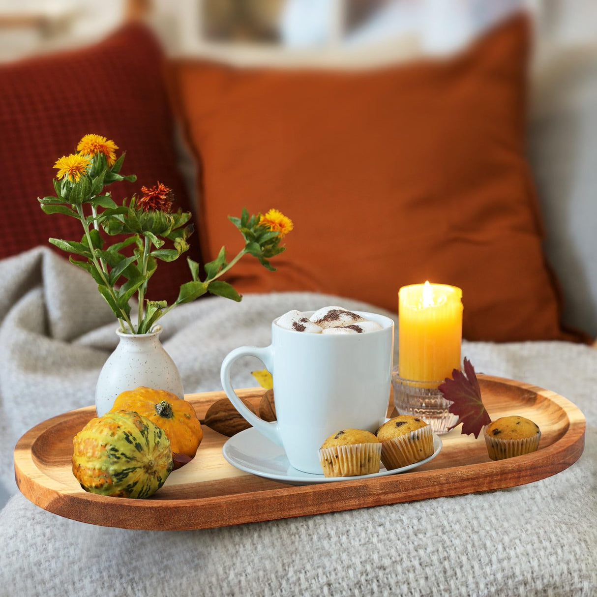 Yaomiao 4 Pcs Acacia Wooden Serving Tray Oval Shaped Rustic Wood Plates Large Decorative Natural Wooden Tray Wooden Serving Platter for Food Yaomiao