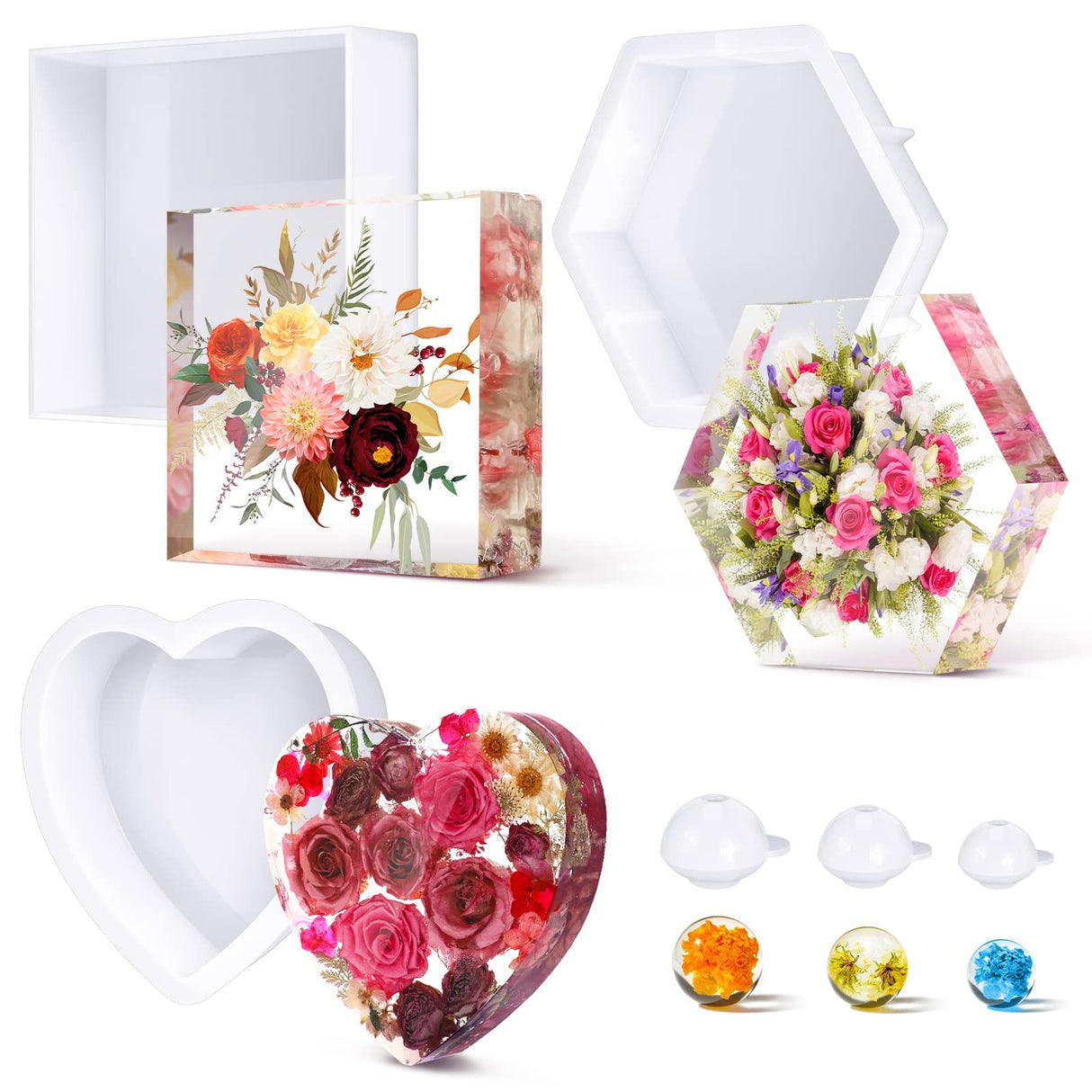 3 Pcs Large Silicone Molds for Resin Glossy Deep Square Molds Hexagon Silicone Molds Heart Bookends Resin Mold with 3 Pcs Round Epoxy Resin Molds for Potchen