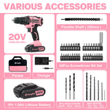 Yougfin Cordless Drill Set Pink For Ladies, 20V Power Drill Driver With Battery & Charger, 3/8" Keyless Chuck, Variable Speed, 25+1 Torque Setting, Yougfin