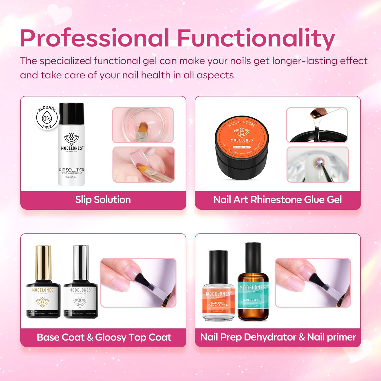 Modelones Poly Nail Gel Kit 8 Rosy Pink Colors with 48W LED Nail Lamp Poly Extension Gel Complete Nail Art Tools Professional Starter Manicure Kit modelones