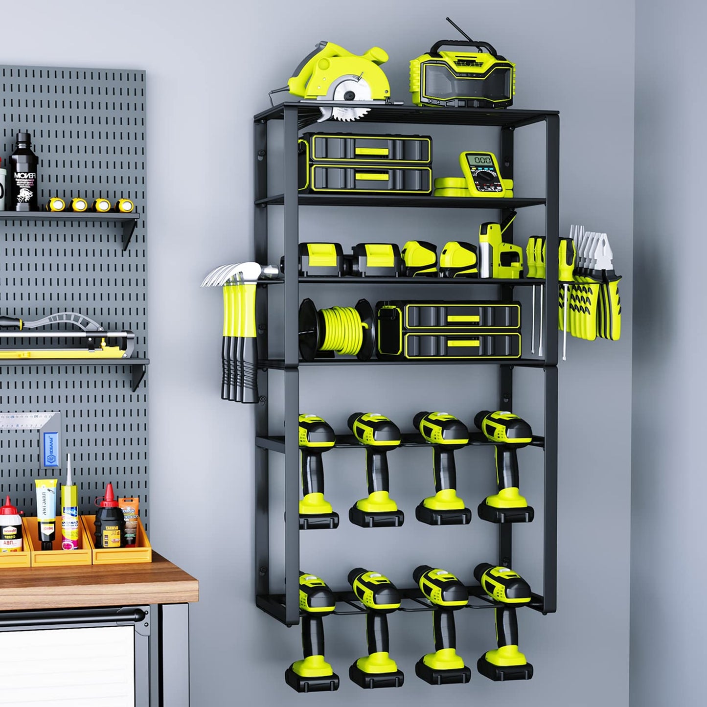 KAFAHOM Power Tool Organizer,8 Drill Holder Wall Mount,6 Layer Heavy Duty Metal Tool Storage Rack,Large Utility Tool Shelf for Cordless Drill, Garage - WoodArtSupply