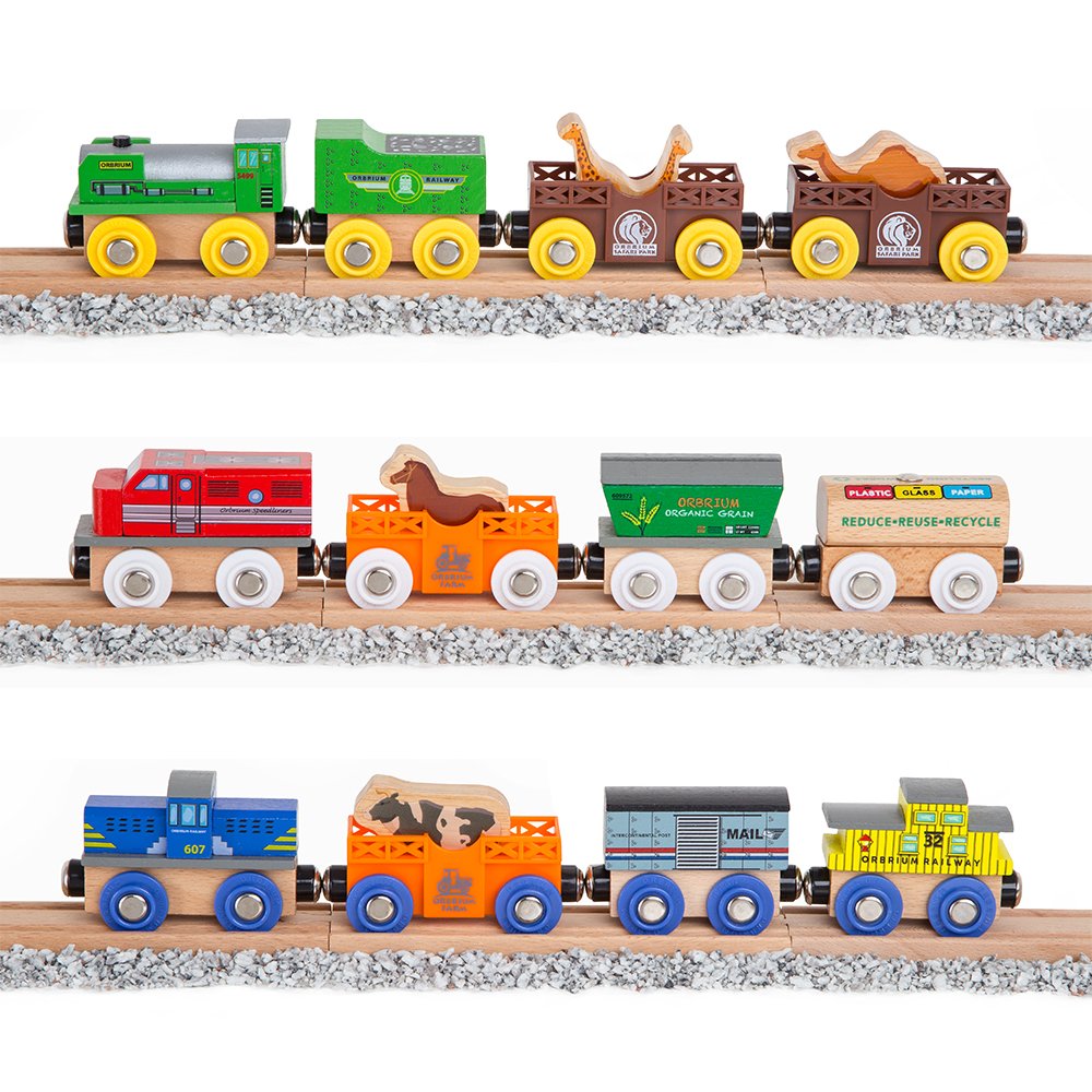 Orbrium Toys 12 (18 Pcs) Wooden Engines & Train Cars Collection with Animals, Farm Safari Zoo Wooden Animal Train Cars, Circus Wooden Train Orbrium