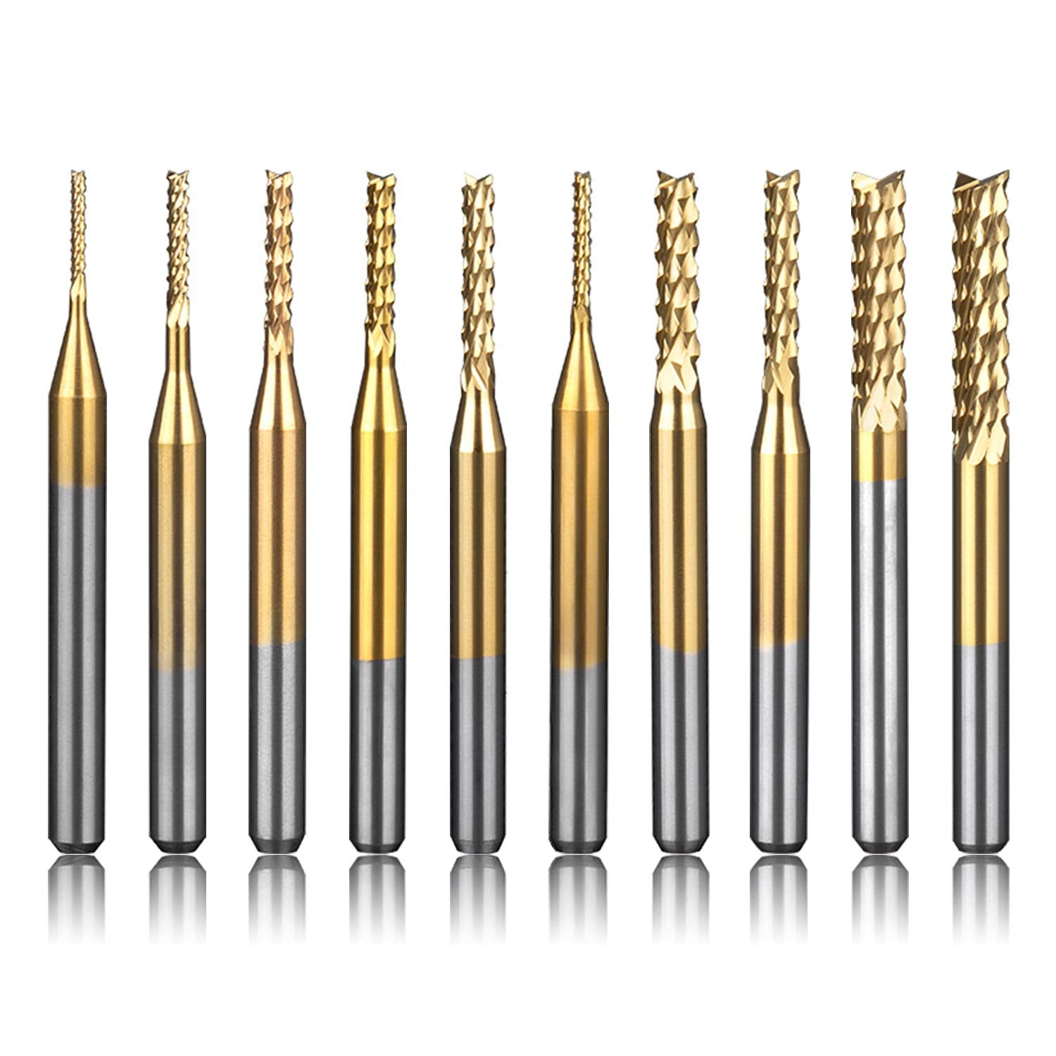 End Mill Sets, 10 Pieces Titanium Coat Carbide CNC Router Burrs End Milling Engraving Bits Drilling Hole Tool for PCB Circuit Board Plastic Fiber DKIBBITH