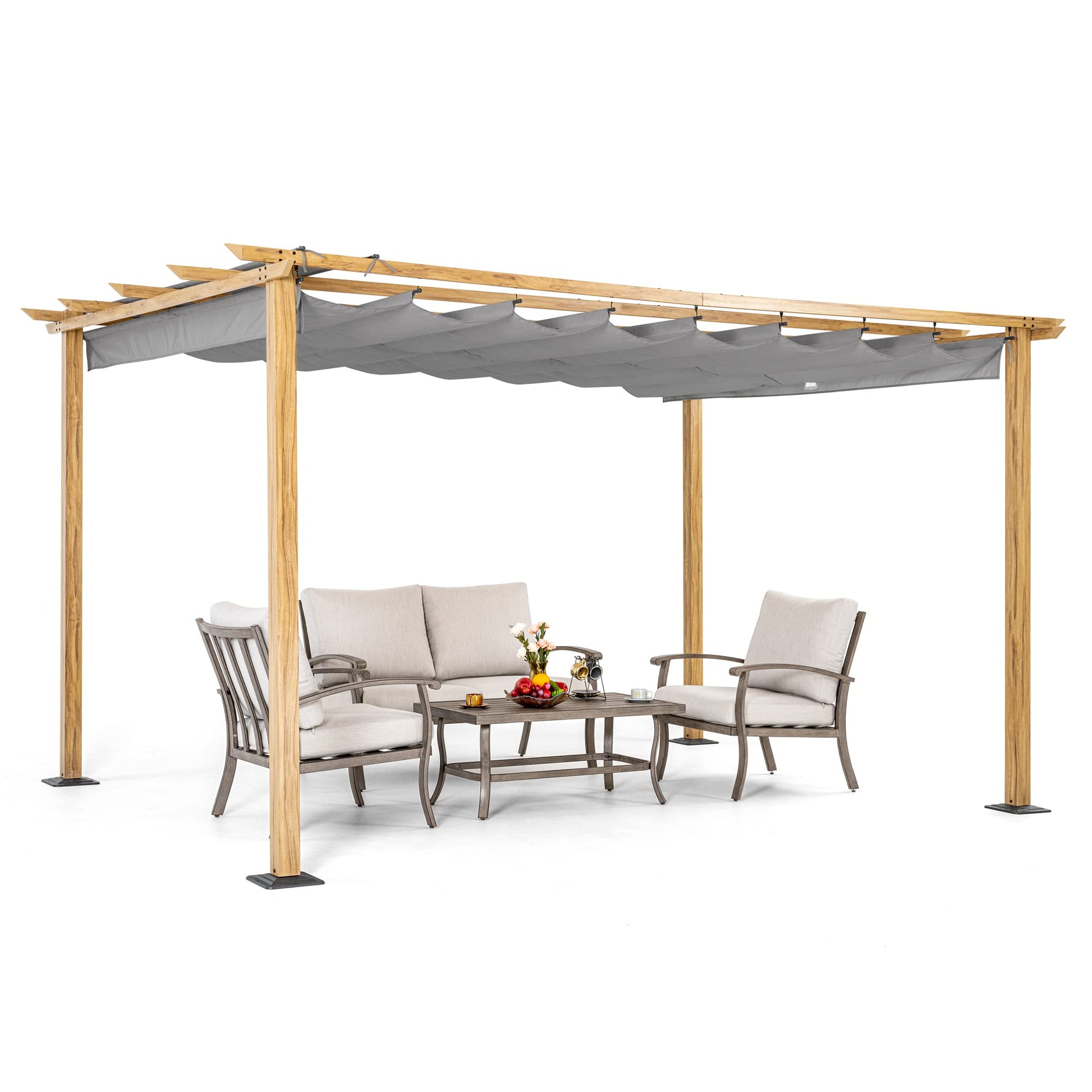 HAPPATIO 10' X 13' Pergola Retractable Pergola Canopy for Backyard, Garden, Patio; Woodgrain-Look Aluminum Pergola with Retractable Pergola Canopy, - WoodArtSupply