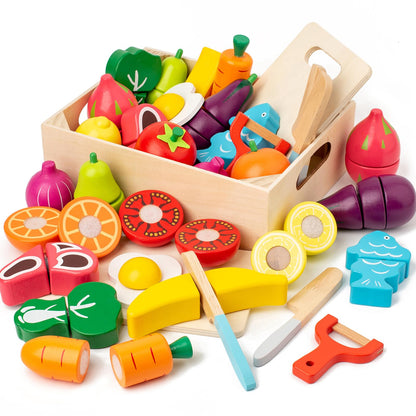 32 Pcs Wooden Play Food Sets for Kids Kitchen Accessories, Early Education Montessori Kids Toys ,Vegetables Toddler Toys Role Pretend Playfor