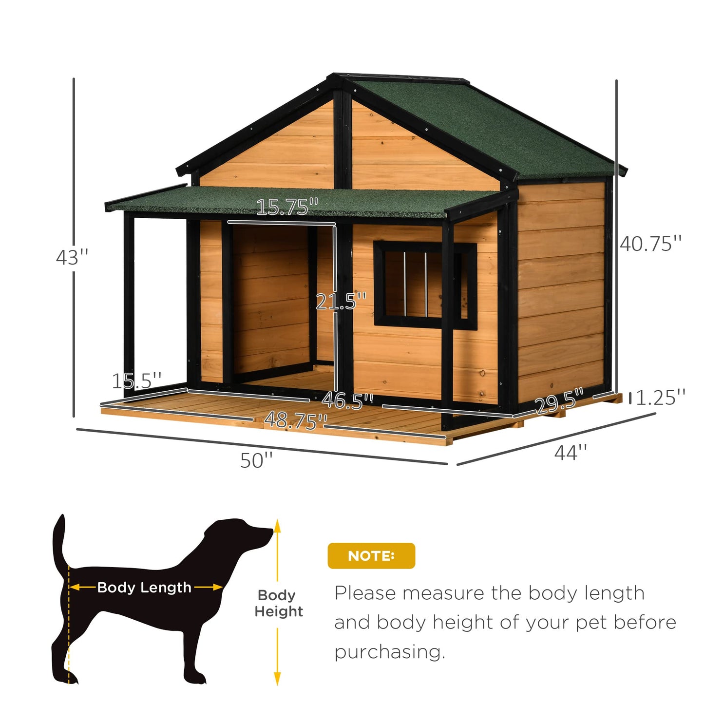 PawHut Outdoor Dog House Cabin Style, Wooden Raised Pet Kennel with Asphalt Roof, Front Door, Side Window, Porch for Medium/Large Dogs, Loading 53