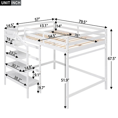 Harper & Bright Designs White Full Size Loft Bed with Stairs, Hanging Rod, and Storage Shelf for Kids - WoodArtSupply