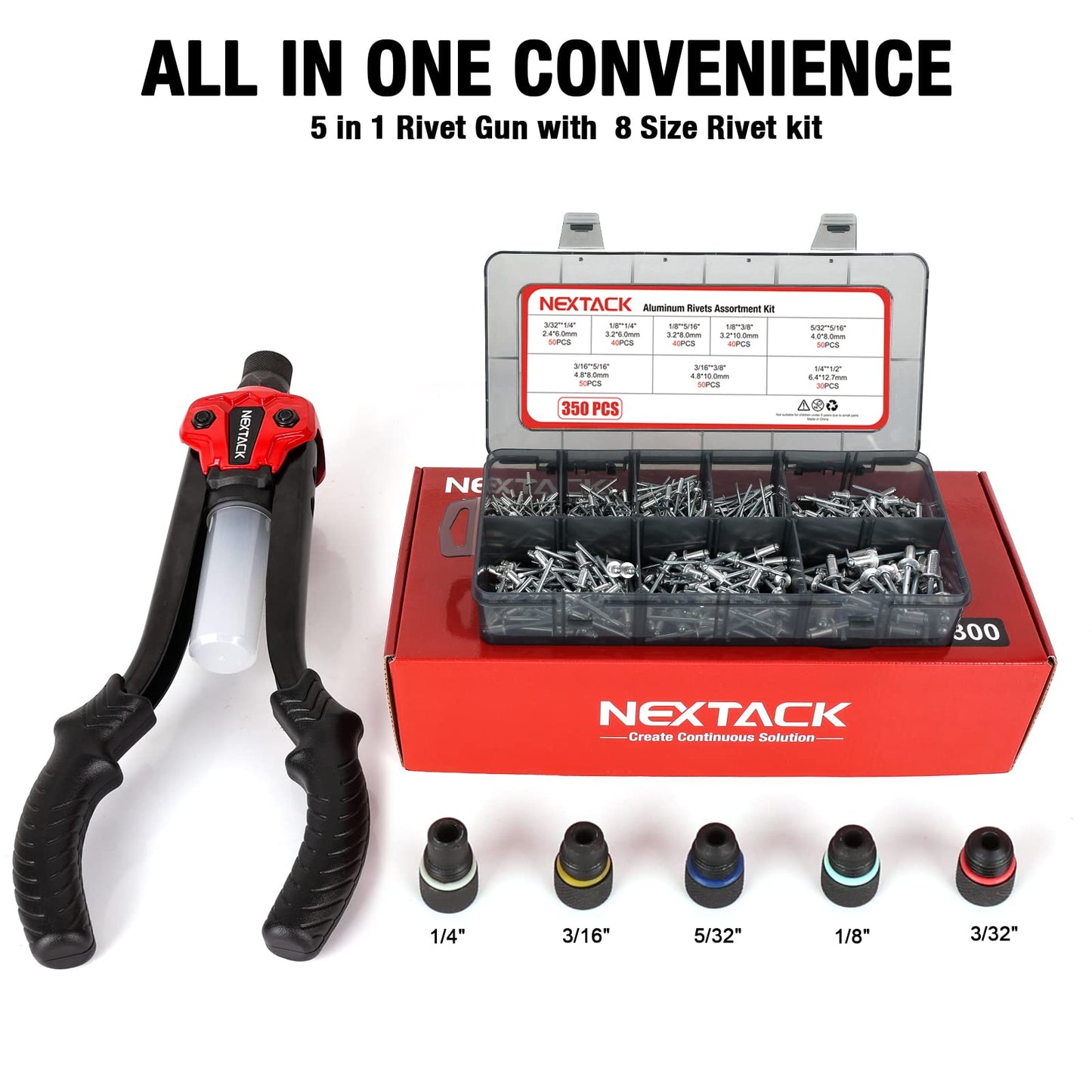 NEXTACK Rivet Gun Kit, 1/4 Pop Rivet Gun with 350 Assorted Rivets, 13" Full Metal Heavy Duty Riveter Tool Setter with 5 Interchangeable Nosepieces - WoodArtSupply