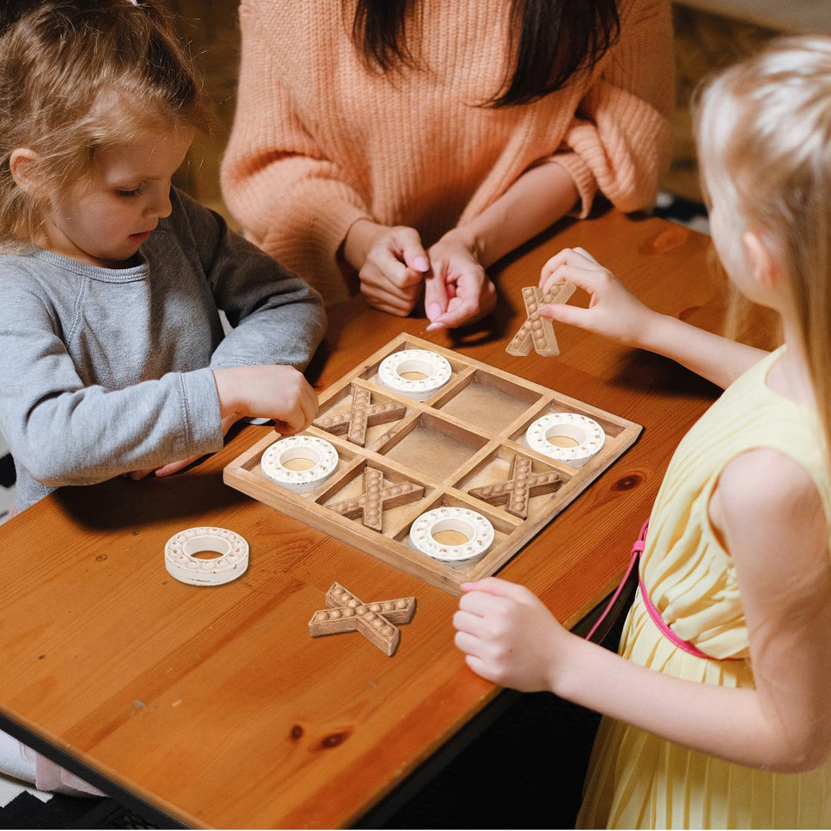 NIKKY HOME Tic Tac Toe Wood Board Game for Kids Family, 10.6 Inch Rustic Wooden Coffee Table Decor, Wood & White NIKKY HOME