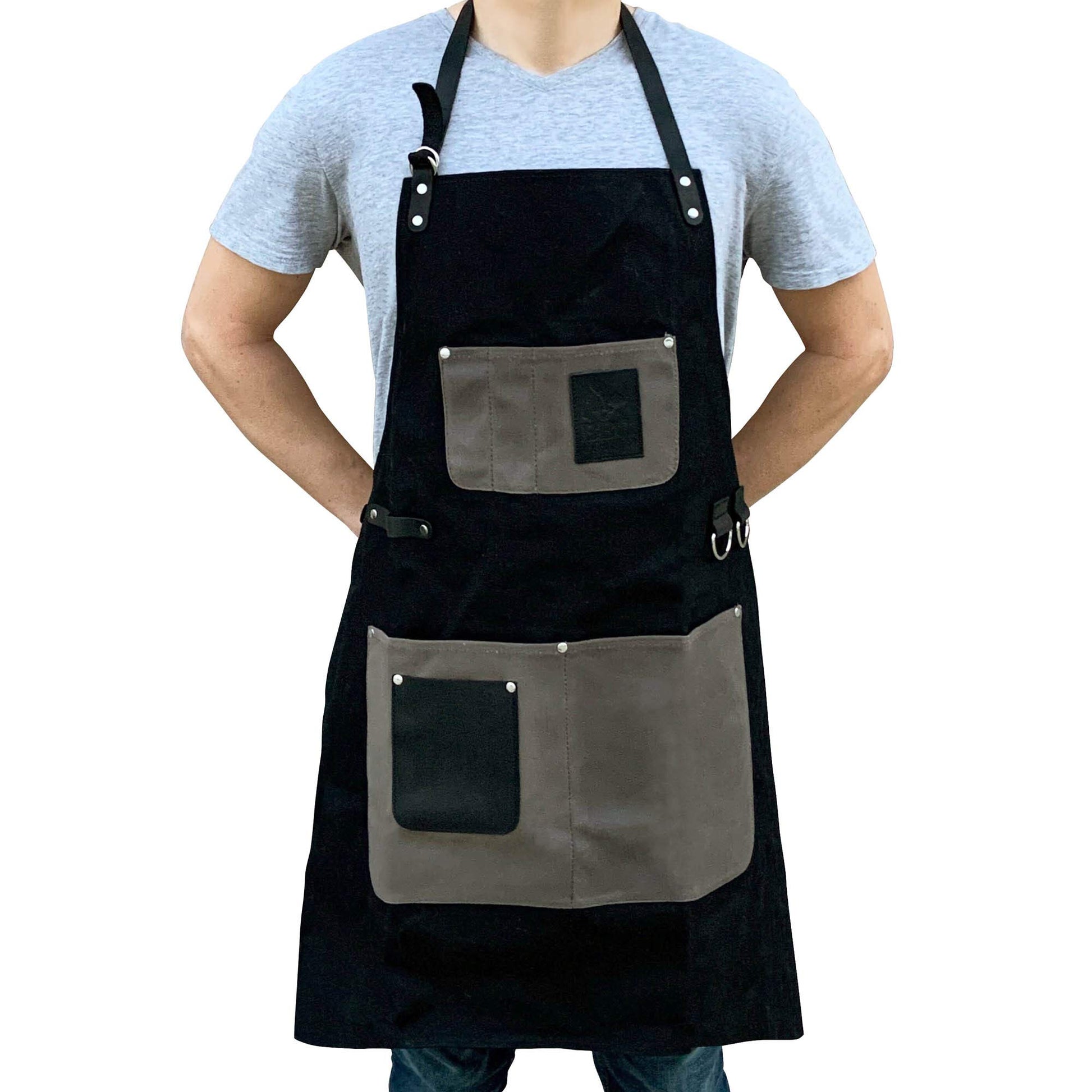 BBQ Butler BBQ Grill Apron - Durable Waxed Canvas - Mens Smoker Apron - Adult Unisex - Small to XXXL - Black/Grey - WoodArtSupply