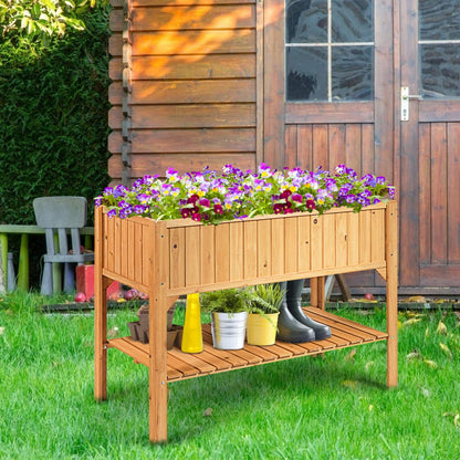 COSTWAY Raised Garden Bed, Wood Planter Box with Storage Shelf and for Vegetables, Flowers & Herbs, 2-Tier Elevated Garden Planter Bed for Backyard, - WoodArtSupply