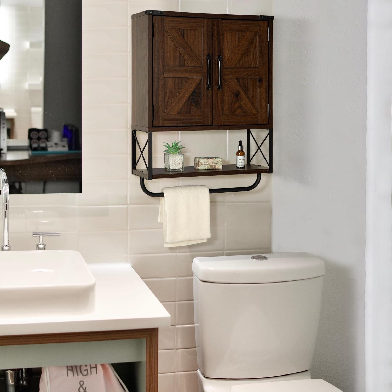 Rustown Vintage Farmhouse Wall Mounted Medicine Cabinet with Barn Doors and Towel Bar RUSTOWN