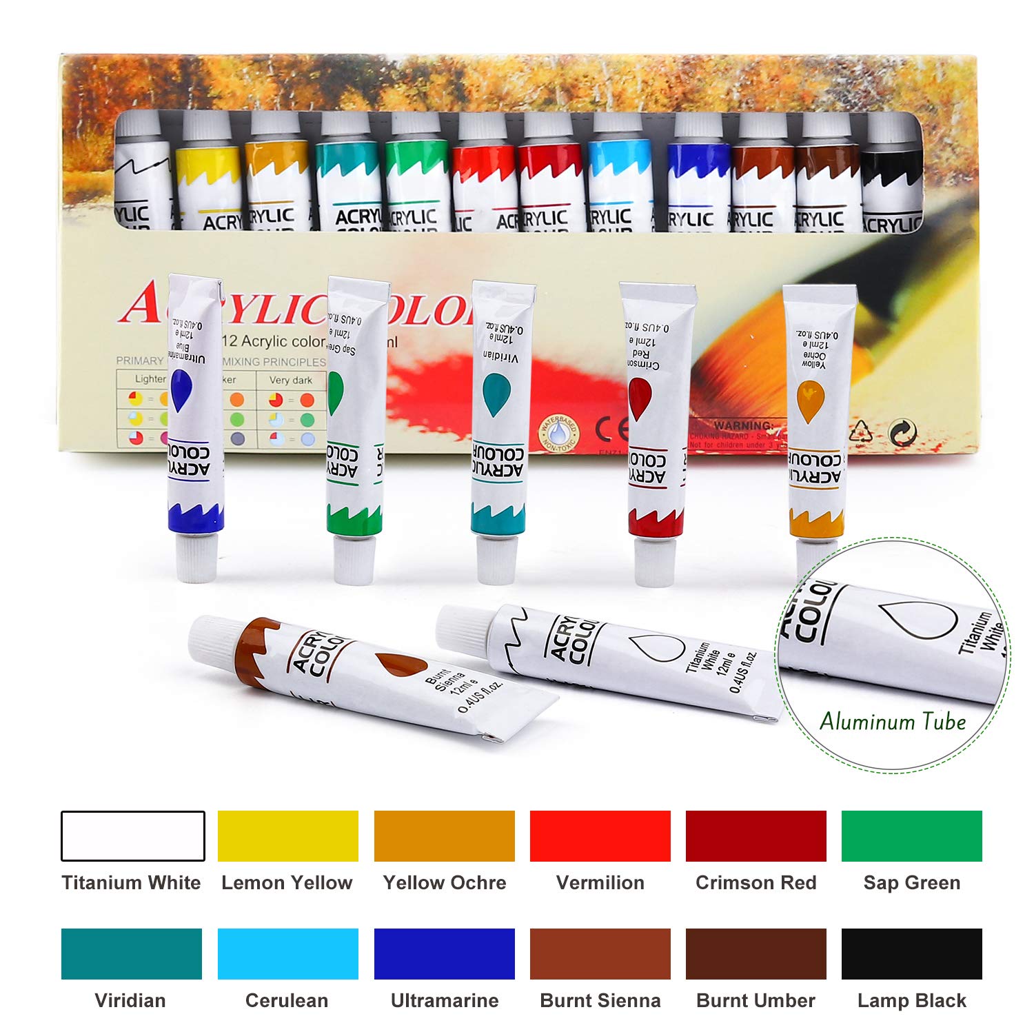 Acrylic Painting Set with 1 Wooden Easel 3 Canvas Panels30 pcs Nylon Hair Brushes 3 PCS Paint Plates and 2 PCS of 12ml Acrylic Paint in 12 Colors for ESRICH
