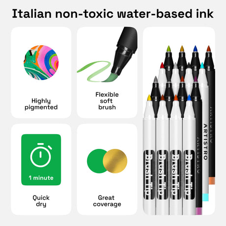 Acrylic Paint Pens Brush Tip, 8 Metallic & 8 Basic Colors Acrylic Paint Markers. Set for Rock Painting, Calligraphy, Scrapbooking, Brush Lettering, ARTISTRO
