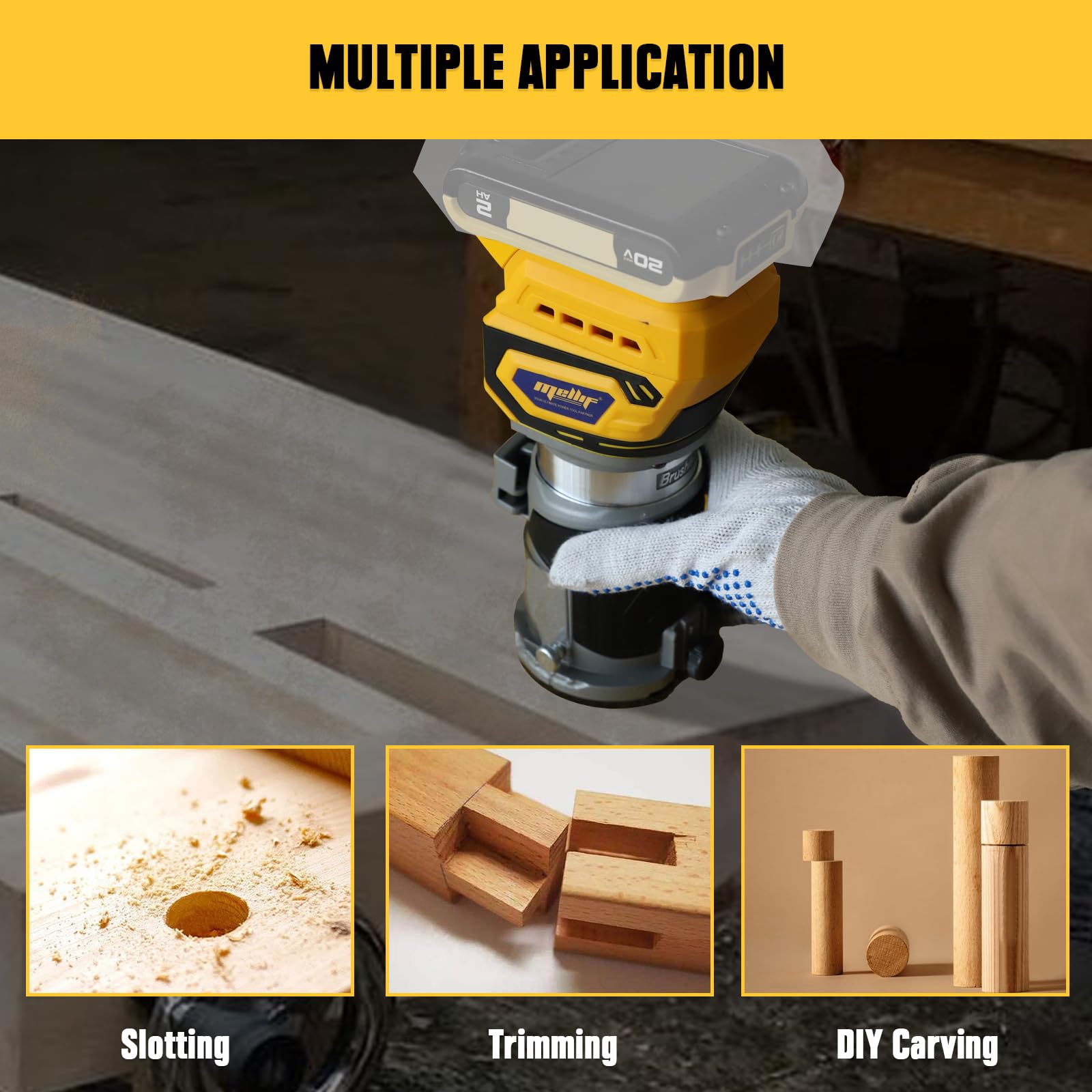 Cordless Router Tool, Mellif 600W Brushless Trim Router for DeWalt 20V MAX Battery(NOT Included) 28,000RPM 5 Variable Speeds, Fixed Base, 12PCS 1/4" - WoodArtSupply