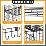 ThreeHio 2 Pack Garage Shelves Wall Mounted with Wire baskets, Heavy Duty Garage Wall Shelving with Hooks, Wire Shelf Baskets Tool Organizer for Home ThreeHio