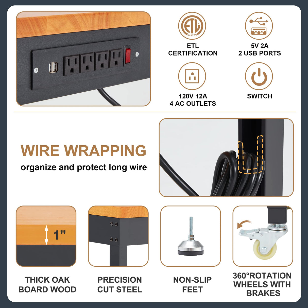 HABUTWAY Height Adjustable Workbench with Wheels 48" x 24" 2000 Lbs Capacity Oak Board Work Station Heavy-Duty Rolling Work Benches for Garage Party HABUTWAY