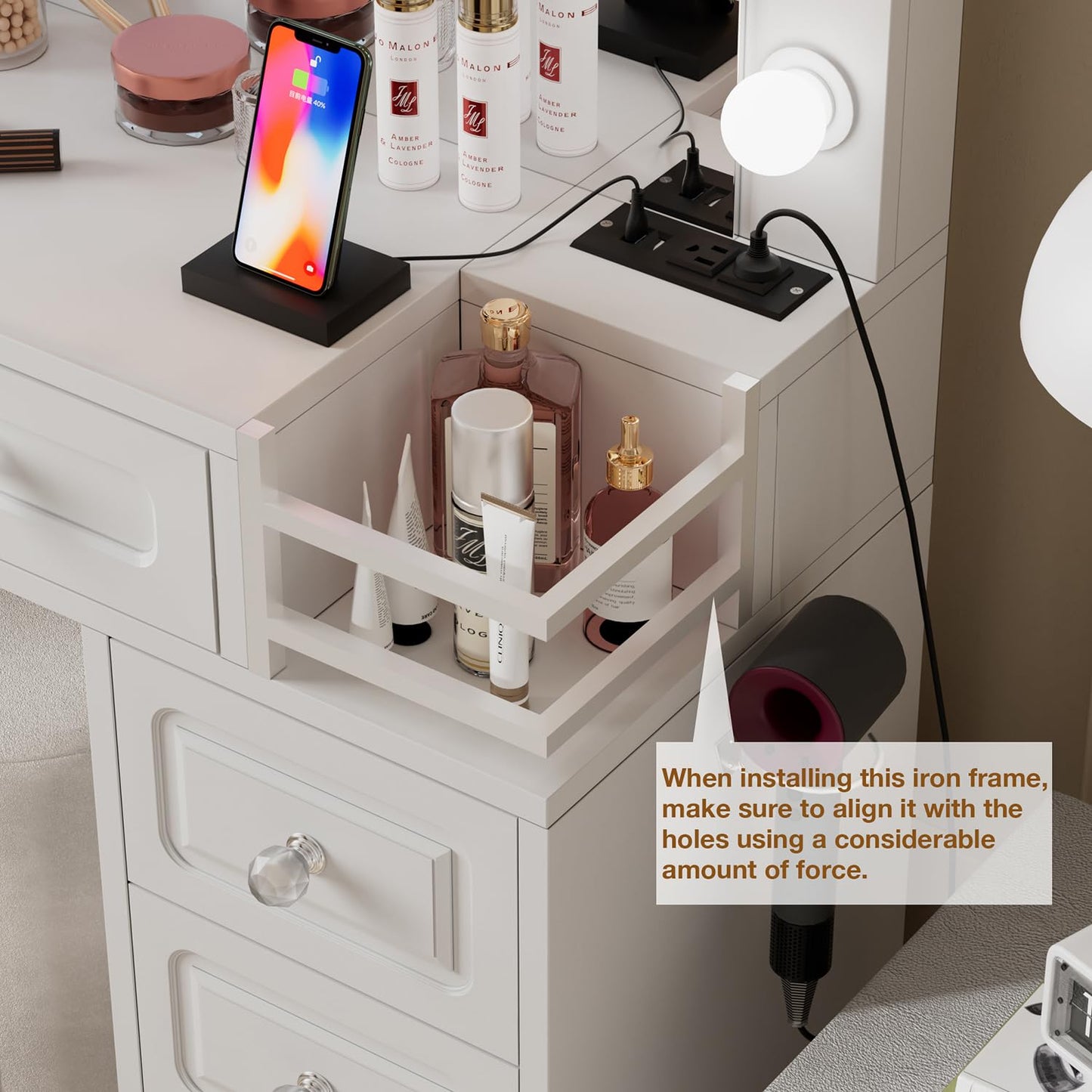 FURNJOYLIFE Farmhouse Makeup Vanity Desk with Lighted Mirror & Power Outlet, Vanity Dresser Table with 3 Lighting Modes Brightness Adjustable,7