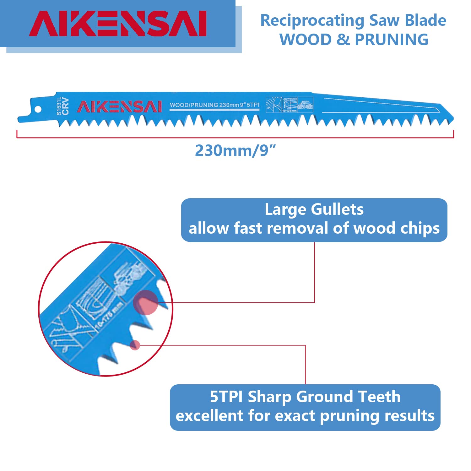 AIKENSAI 10 x S1531L 9 Inch 5TPI Wood Reciprocating Saw Blades Pruning Sawzall Blades for Fast Wood Cutting Sawzall Pruning Blades Compatible with - WoodArtSupply