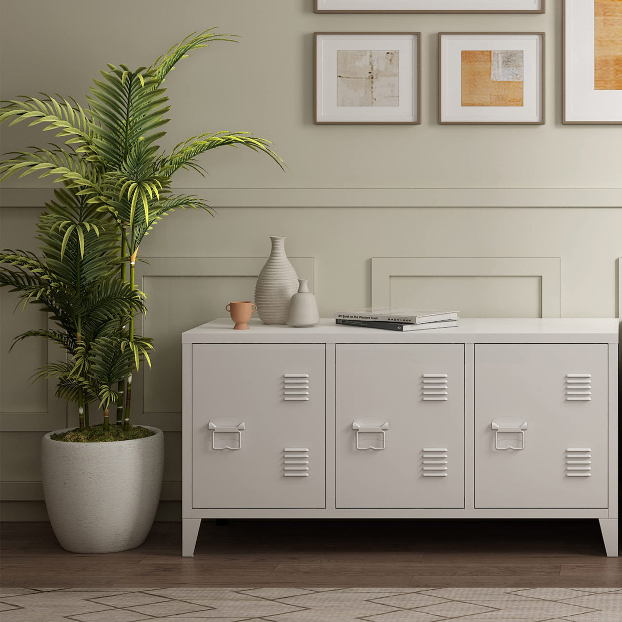 MIOCASA TV Stand Metal TV Table with Storage Steel 3 Door Locker Cabinet for Living Room (White) MIOCASA