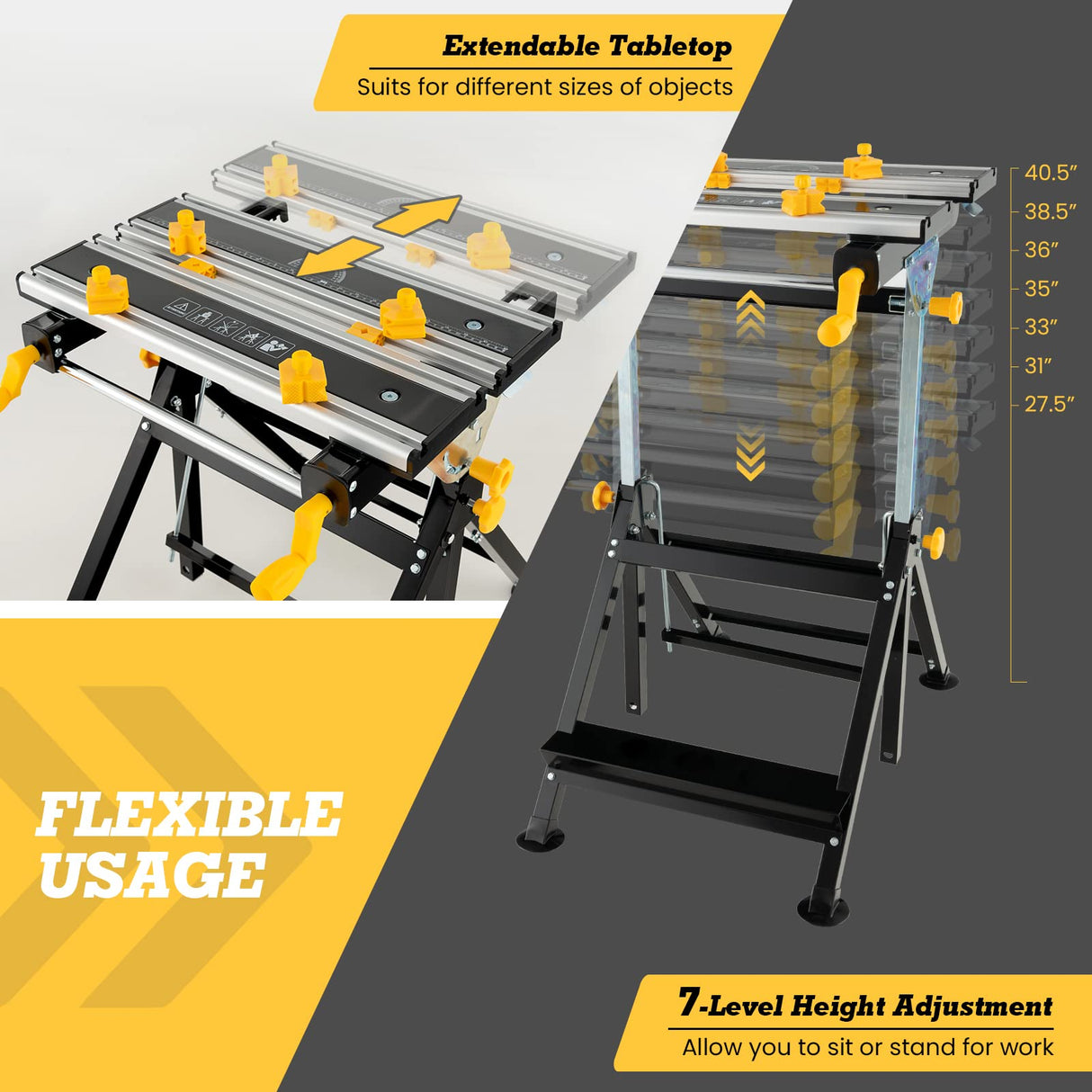 S AFSTAR Folding Work Table, Portable Workstation with Tiltable & Extendable Tabletop, 8 Sliding Non-marring Clamps & 2 Clamping Handles, 7-Level S AFSTAR