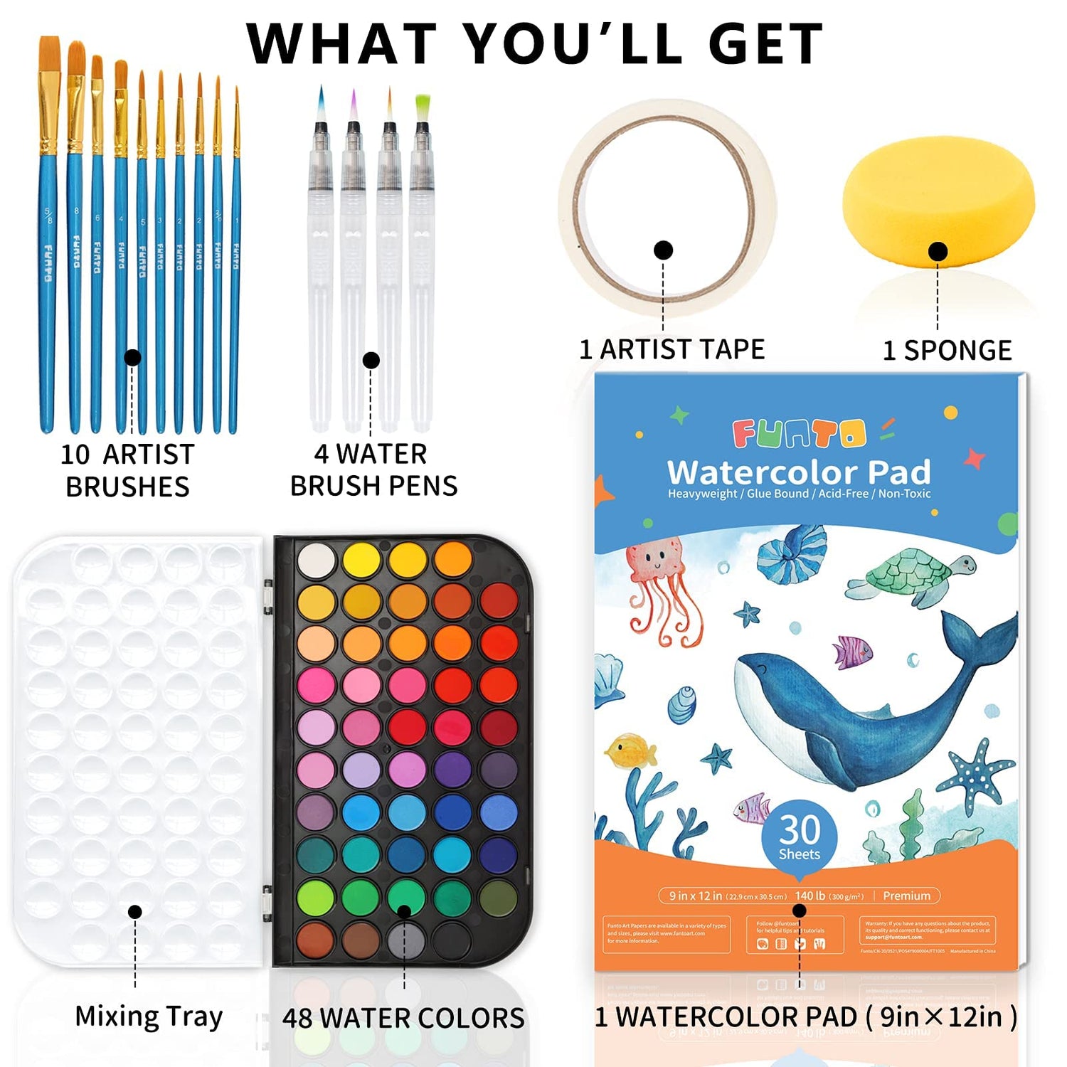 Funto Watercolor Set, 48 Color Paint Set, 10 Brushes, 4 Refillable Water Brush Pens, 30 Page Pad(9"x12"), Masking Tape, Sponge, Palette, Painting Kit Funto