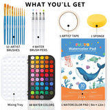 Funto Watercolor Set, 48 Color Paint Set, 10 Brushes, 4 Refillable Water Brush Pens, 30 Page Pad(9"x12"), Masking Tape, Sponge, Palette, Painting Kit Funto