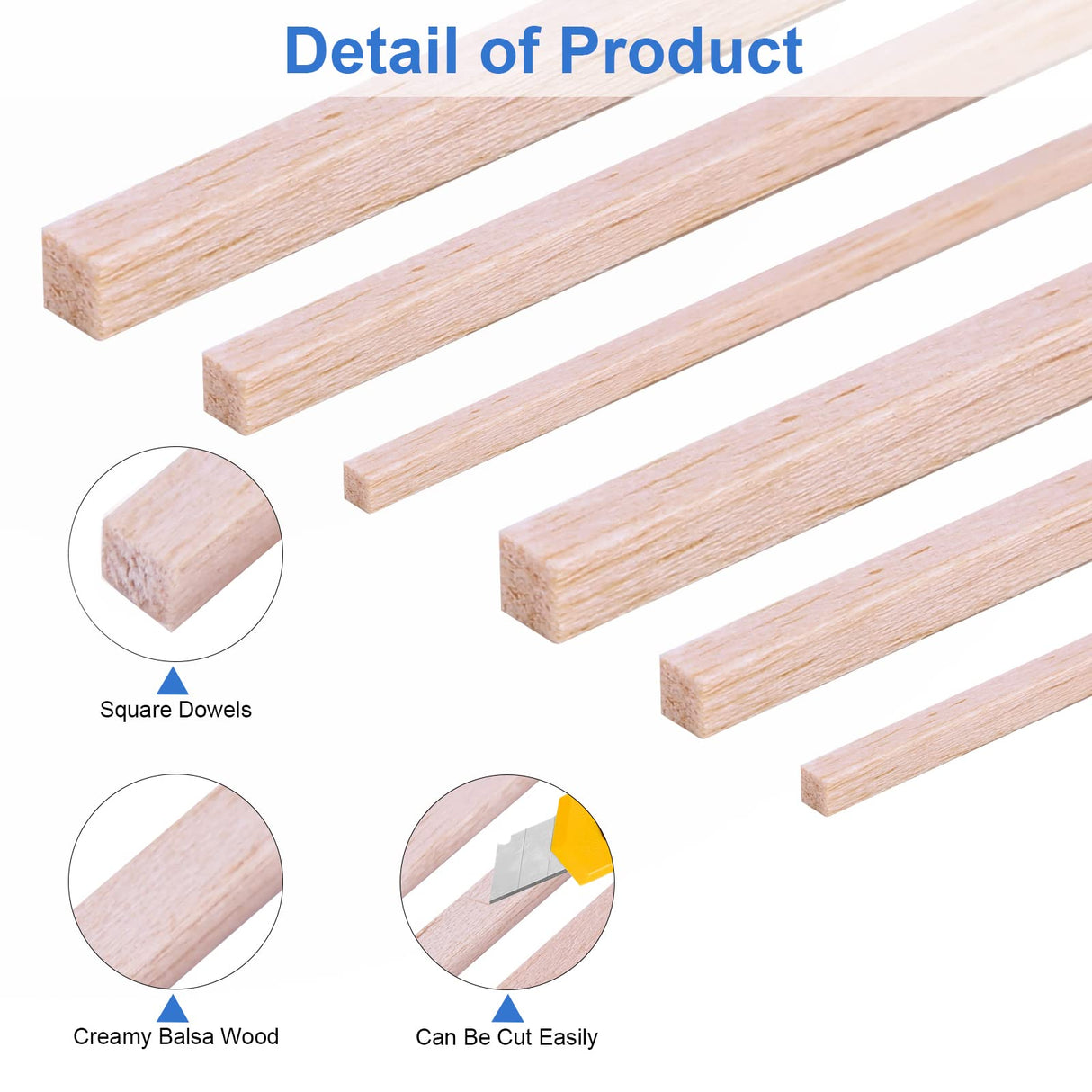 444 Pieces Wood Strips Balsa Square Wooden Dowels 1/8 Inch, 3/16 Inch, 1/4 Inch, Square Dowel Rods 12 Inch Hardwood Unfinished Wood Sticks for Crafts Piklodo