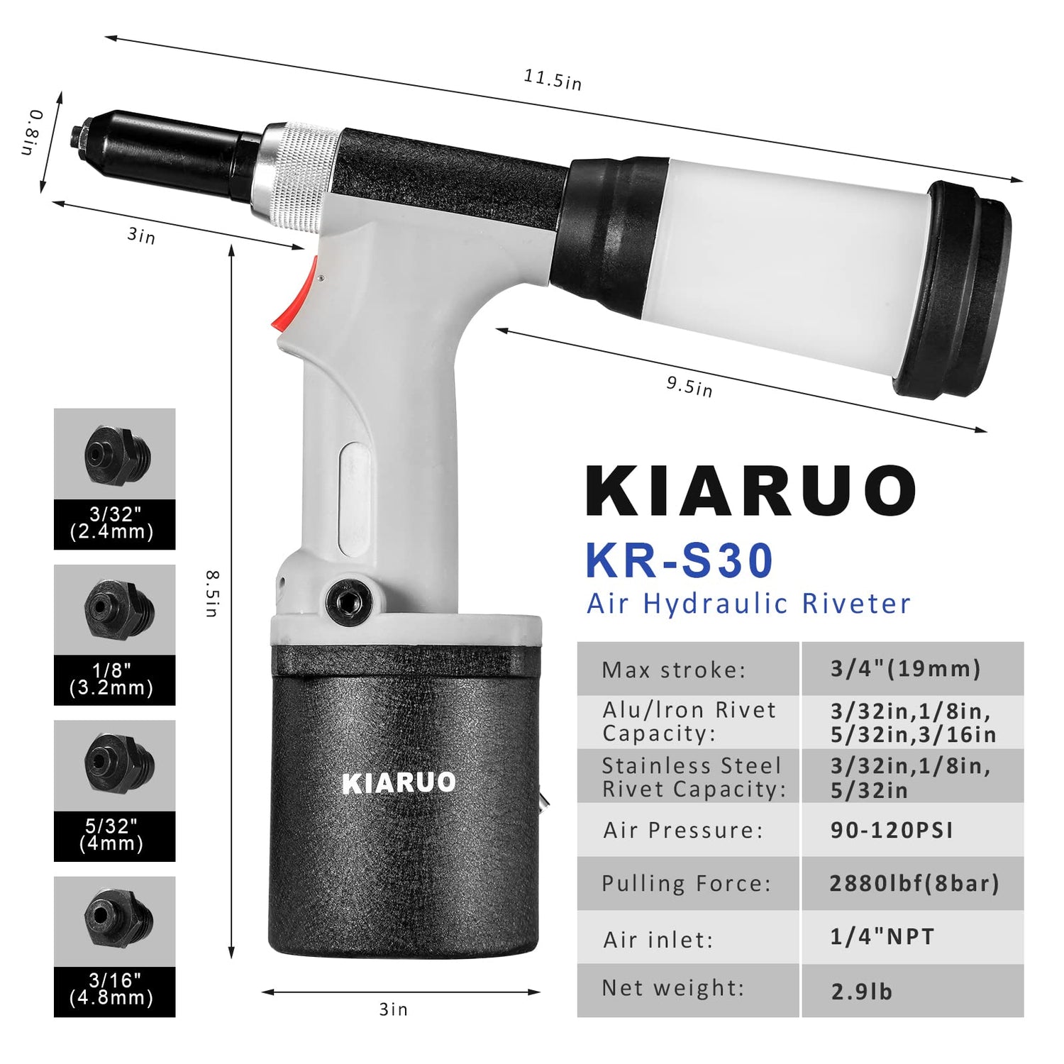 KIARUO Pneumatic Rivet Gun S30 Self-Suction Air Rivet Gun 3/16" 5/32" 1/8" 3/32" Hydraulic Riveter with 1 Set of Extra Jaws KIARUO
