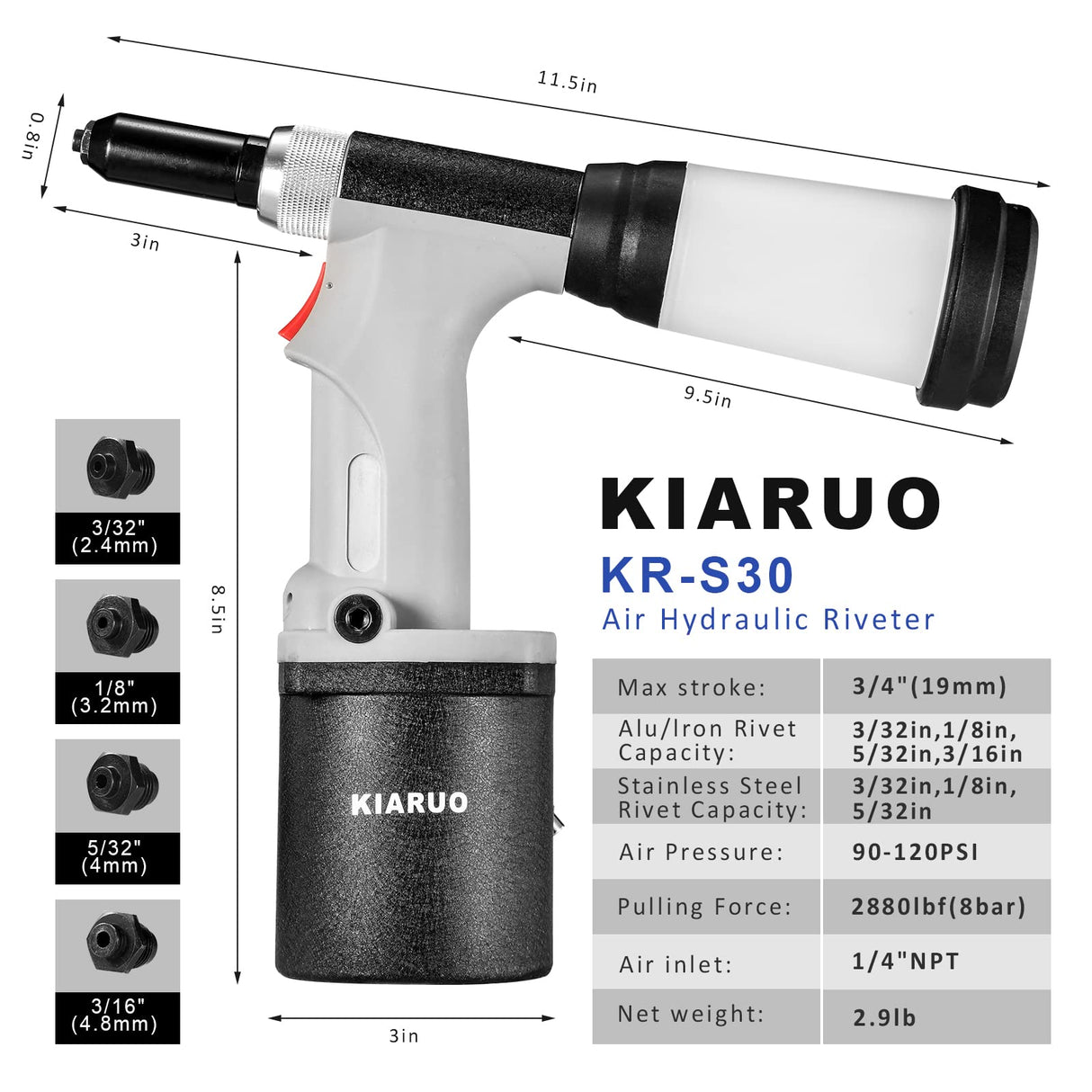 KIARUO Pneumatic Rivet Gun S30 Self-Suction Air Rivet Gun 3/16" 5/32" 1/8" 3/32" Hydraulic Riveter with 1 Set of Extra Jaws KIARUO