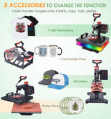 Slendor 5 in 1 Heat Press Machine 12x15 Inch T-Shirt Pressing Machine 360° Swing Away Sublimation Heat Press Digital Heat Transfer with 11OZ Tumbler Slendor