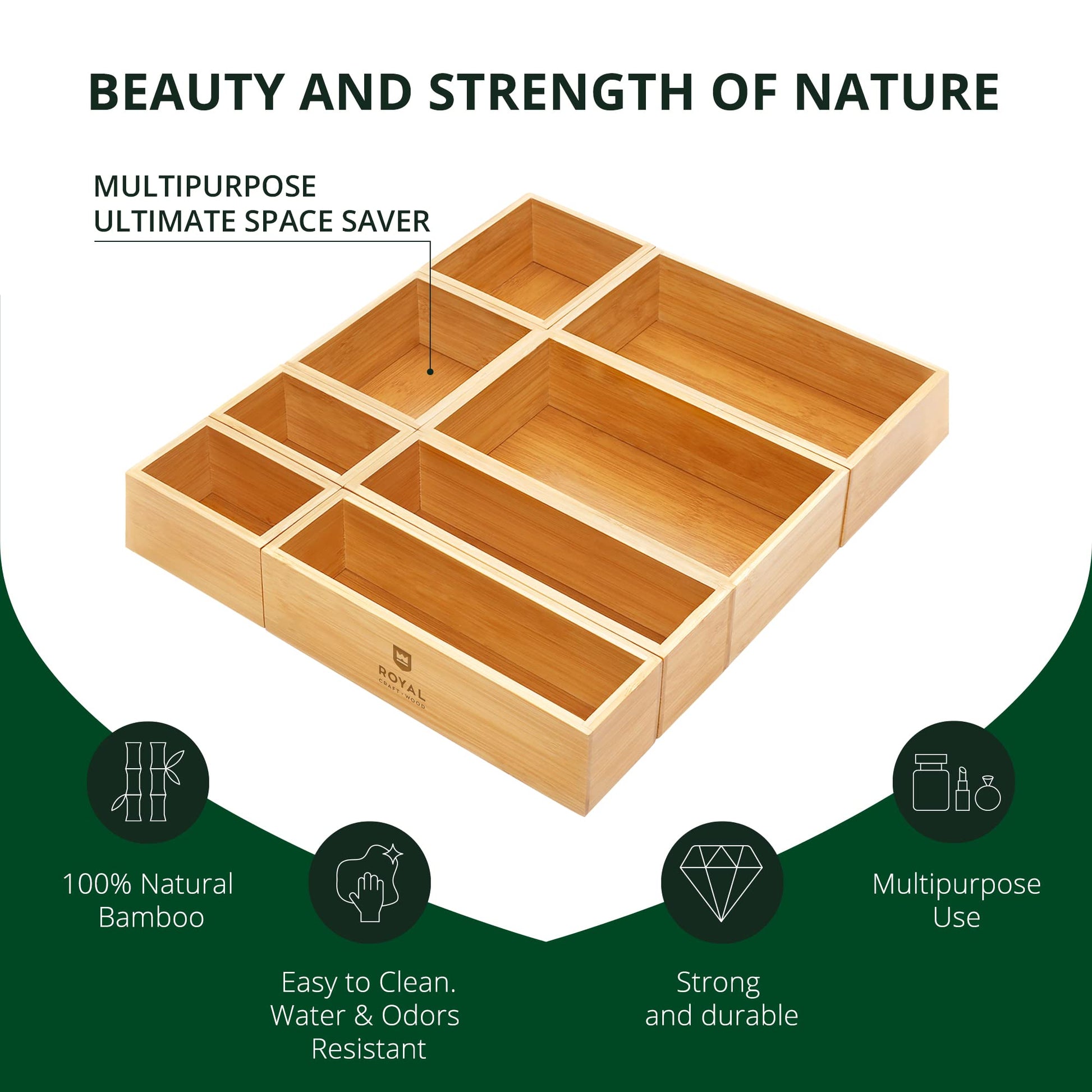 ROYAL CRAFT WOOD Luxury Bamboo Storage Box, Bin Set - Multi-Use Drawer Organizer for Kitchen, Bathroom, Office Desk, Makeup, Jewelry (8 Boxes) - WoodArtSupply