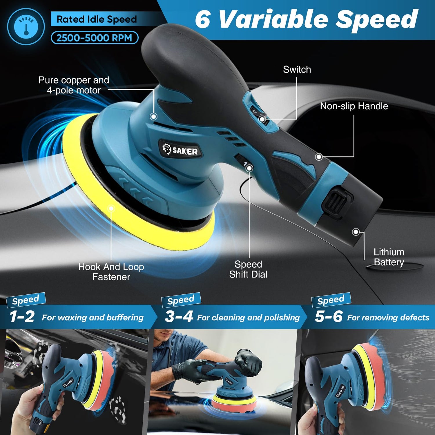 Saker Mini Cordless Buffer Polisher - 6 Inch Portable Polishing Machine Kit for Car Detailing, with 1PC 12V 2000mAh Rechargeable Battery, Extra 10 Saker