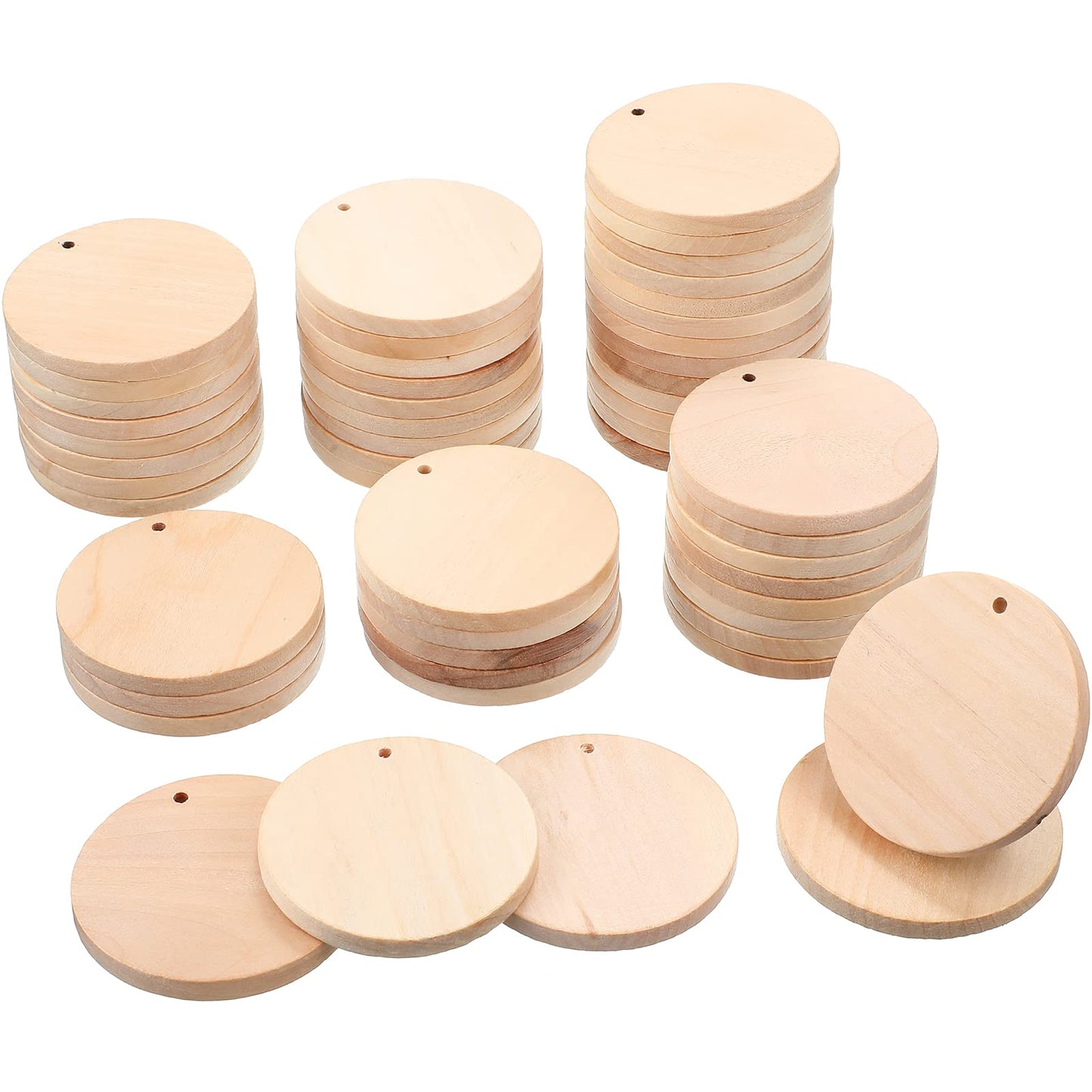 50 Pcs 2 Inch Wooden Circle Cutouts Blank Round Wood with Holes Round Wooden Ornaments Wooden Coins Unfinished Wood Round Disc Wooden Circle Chips