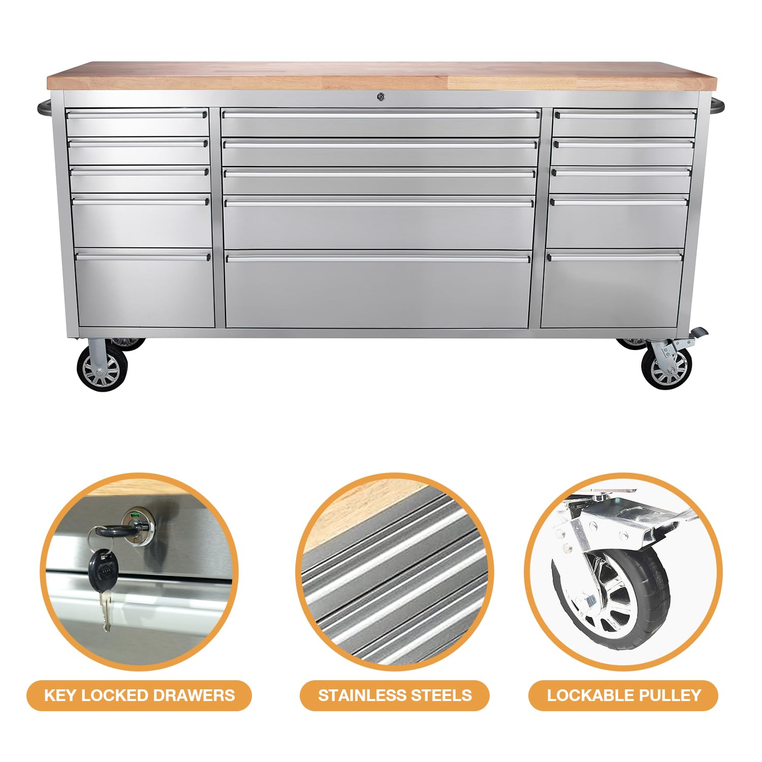 SINDA 72 Inch Tool Chest with Drawers and Wheels Mobile Workbench Garage Tool Storage Cabinet Large Rolling Lockable Tool Box with Wood Top, SINDA