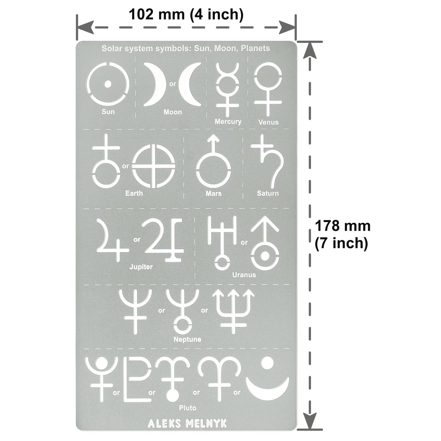 Aleks Melnyk No.413 Metal Stencil, Solar System Symbols, Sun, Moon, Planets, Small Stencil, 1 PC, Template for Wood Burning, Engraving, Crafting, Aleks Melnyk