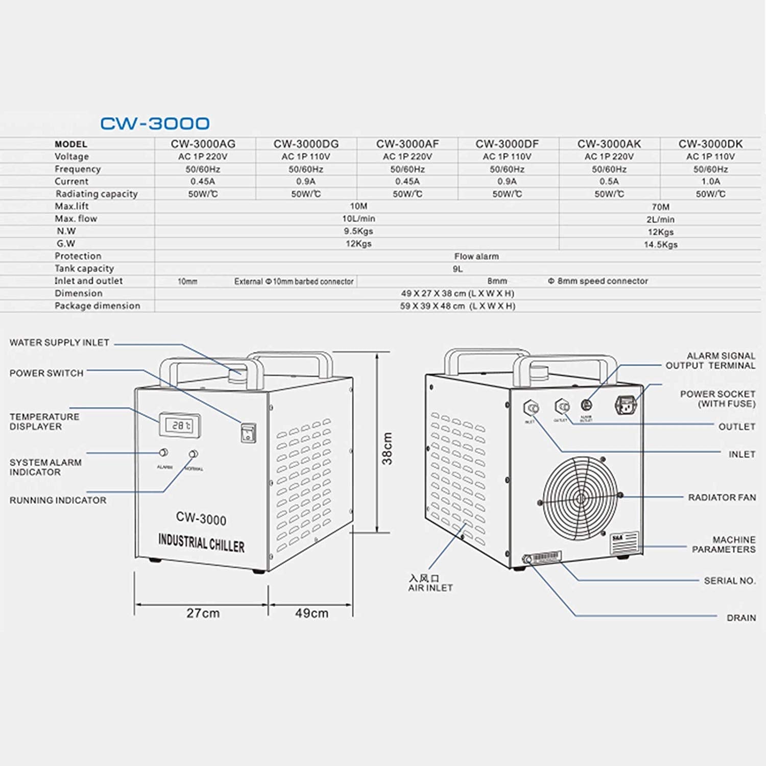 110V Water Chiller 9L High-Capacity Industrial Water Chiller Thermolysis Industrial Water Cooling Chiller for 60W 80W CO2 Glass Tube Laser Engraving cjc