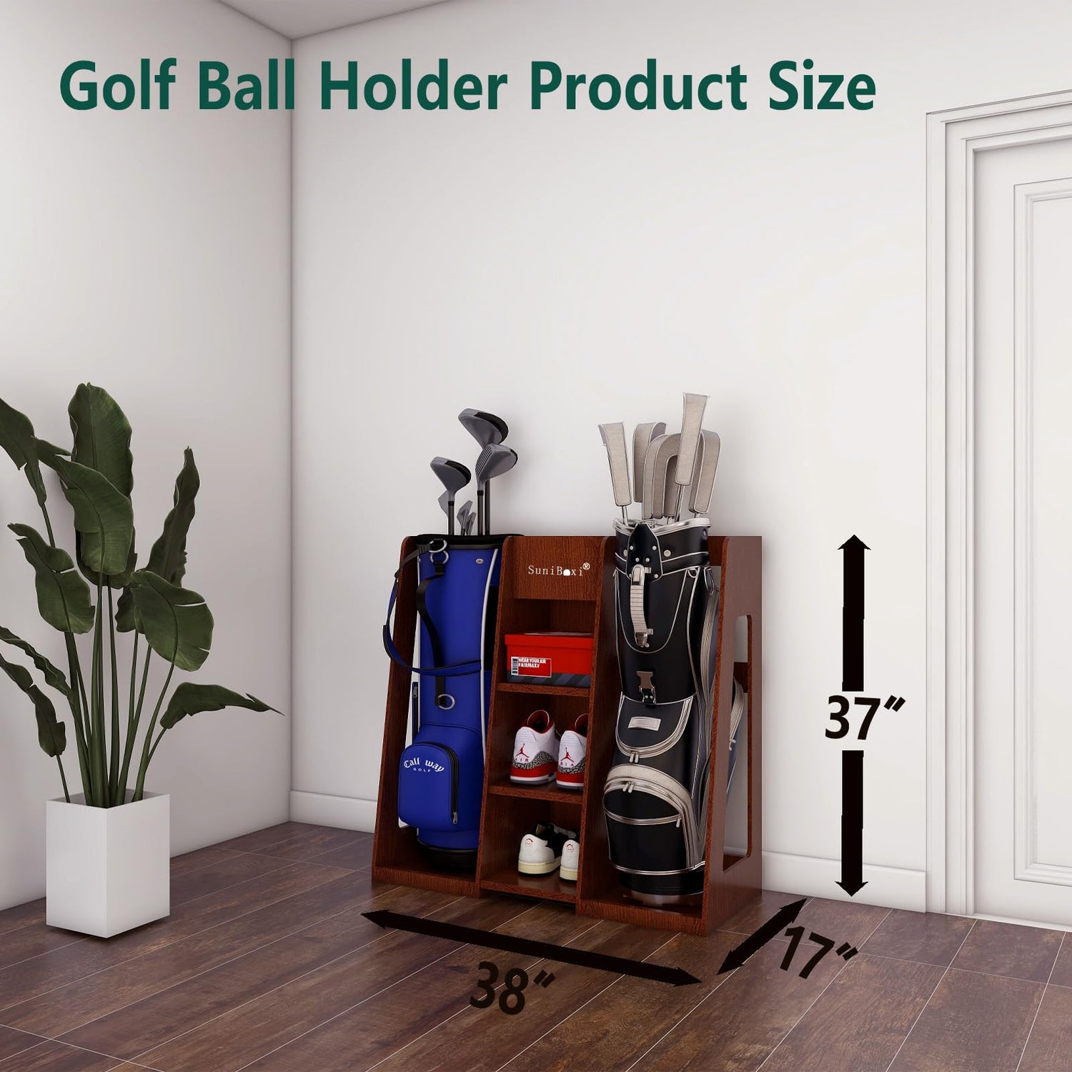 SuniBoxi Golf Bag Organizer, Premium Wooden Golf Storage Rack, Stylish Heavy-Duty Golf Bag Storage Rack for Garage, Indoor Spaces, Basements, and SuniBoxi