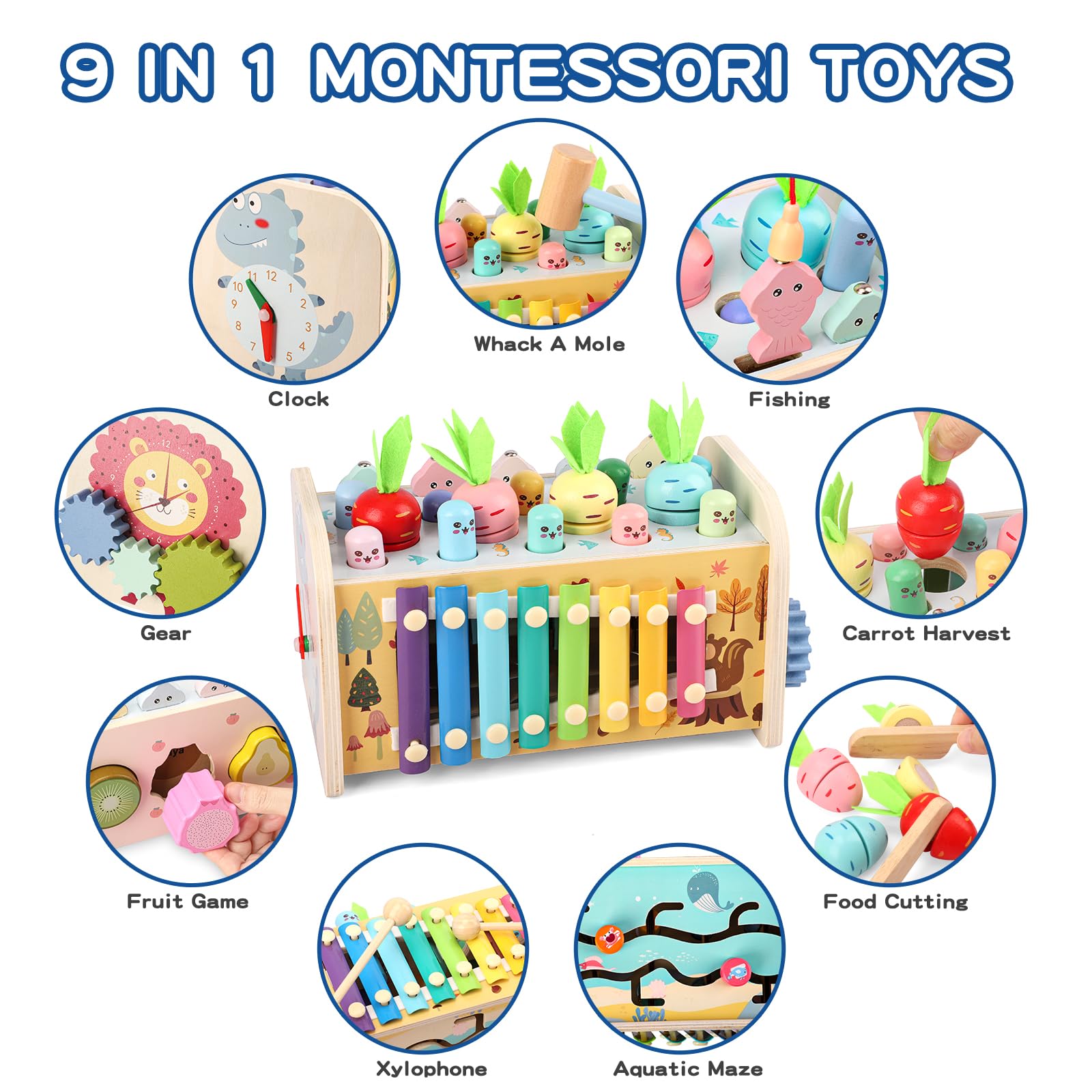 Lterfear 9 in 1 Montessori Toys for 1 Year Old Wooden Hammering Pounding Toy Whack A Mole Game for Toddlers with Xylophone Fishing Toddler Activities