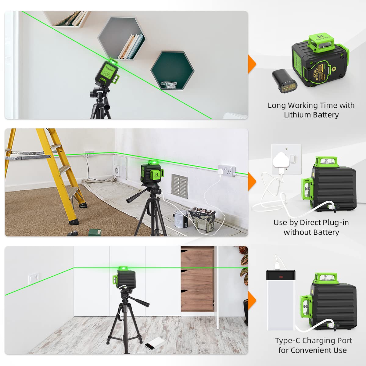 Huepar 3x360 Self-leveling Cross-Line Laser Level, 3D Green Beam Three-Plane Leveling and Alignment Laser Tool with 47" Lightweight Extendable Tripod Huepar