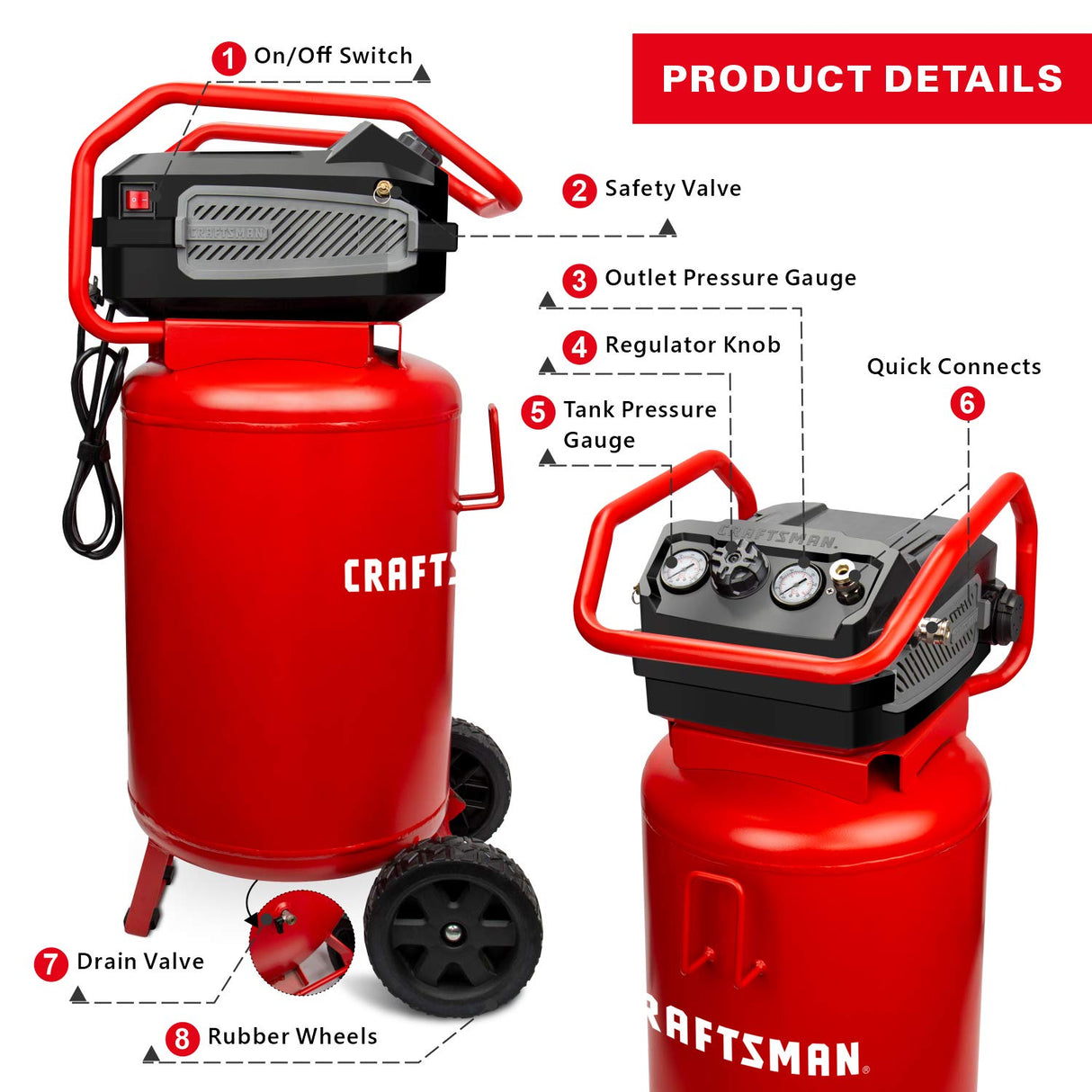 Craftsman Air Compressor, 20 Gallon Oil-Free 1.8 HP Max 175 PSI Pressure Two Quick Couplers Big Capacity, Red- CMXECXA0232043 Craftsman