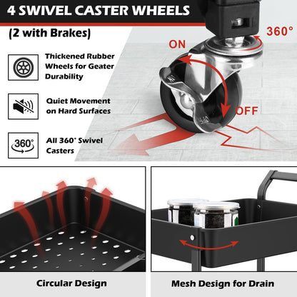 Hamone 3-Tier Utility Rolling Cart,Mobile Utility Cart with Lockable Caster Wheels,Storage Shelves Organizer Cart, 3 Hanging Baskets, Easy - WoodArtSupply