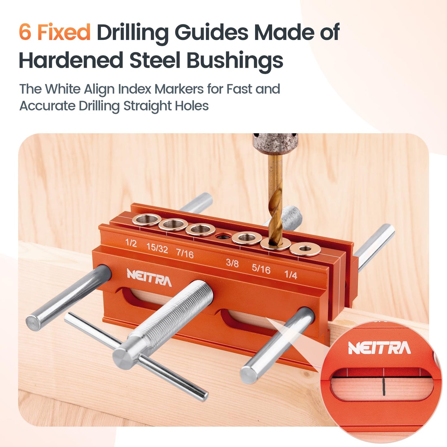 Neitra Self Centering Doweling Jig - 6 Drill Guides for Straight Holes, Adjustable Width Up to 6.75", All Metal Drilling Hole Kit for Wood Dowel Jig, Neitra