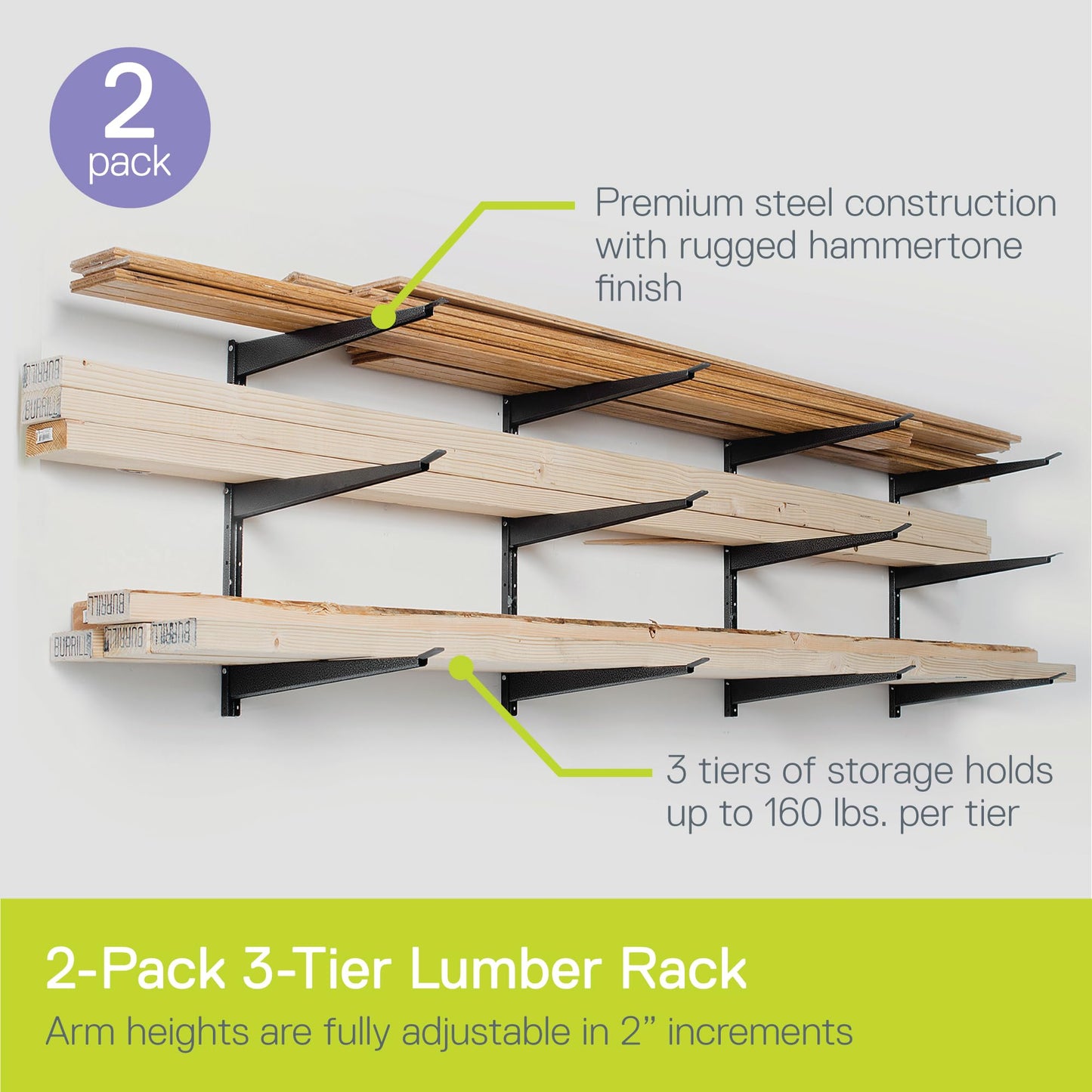 Heavy Duty Wood and Lumber Storage Rack (2-Pack), Holds Up To 960 lbs - Easy to Install Mounted Rack - Steel Construction Storage Solution For