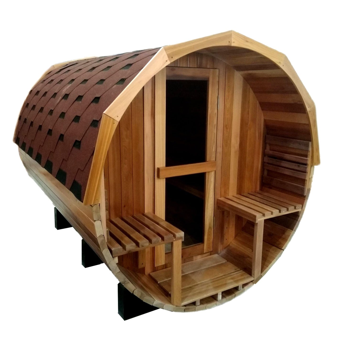 Canadian Pine Wood 8' 6 to 8 Person Outdoor Barrel Sauna with Porch, 9KW Wet Dry 220V Heater, Tempered Glass Door