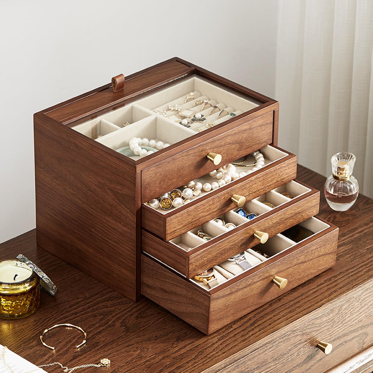 CHOSIN Black Walnut Wooden Jewelry Box for Women Classical Solid Wooden 4-Layer with Glass Lid and Pull-out Necklace Storage Layer Watch Necklace CHOSIN