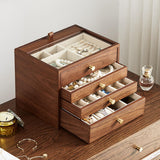 CHOSIN Black Walnut Wooden Jewelry Box for Women Classical Solid Wooden 4-Layer with Glass Lid and Pull-out Necklace Storage Layer Watch Necklace CHOSIN