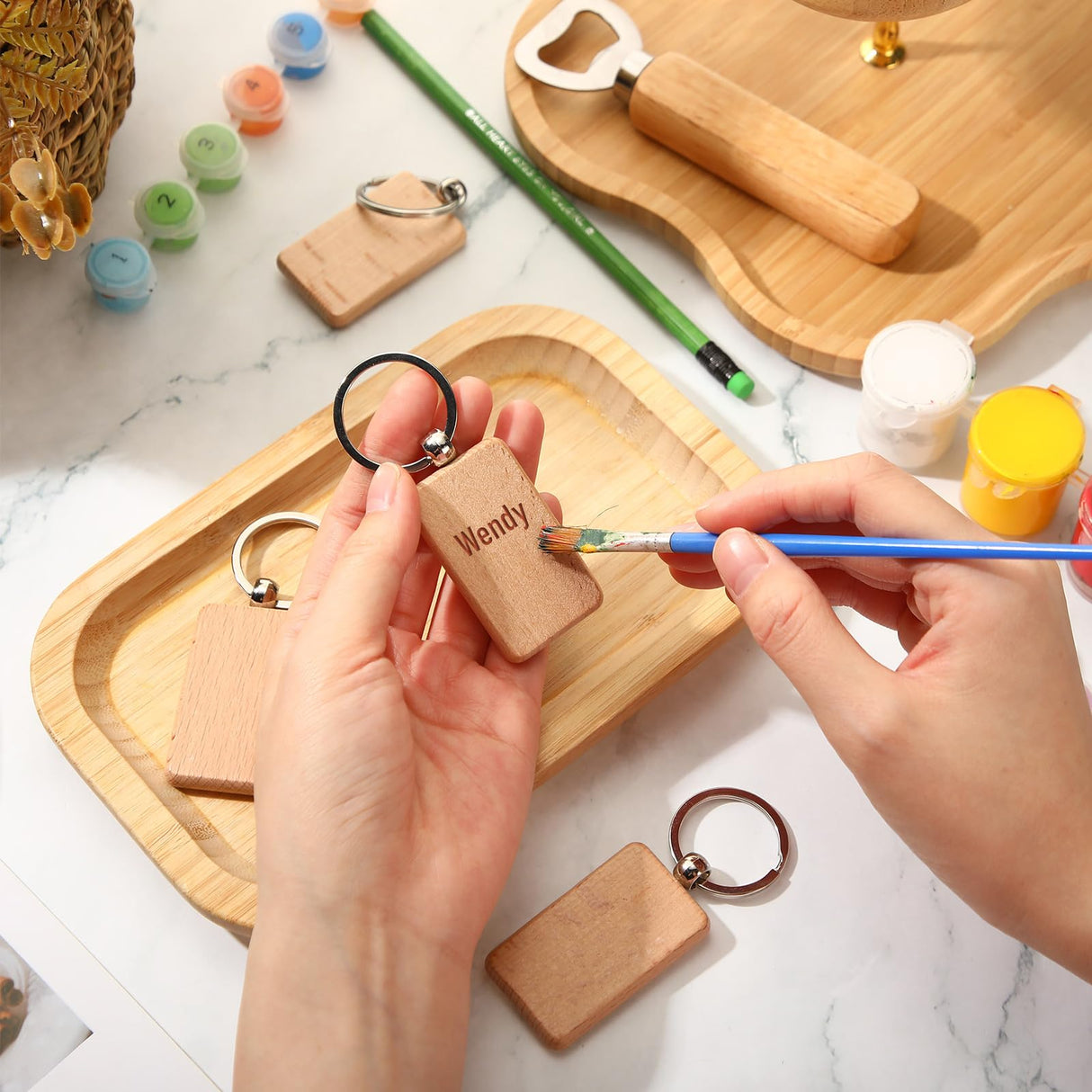 SiliFine 60 Pcs Laser Blanks Product Laser Engraving Material Kit Including DIY Wooden Blank Bottle Opener, Wooden Keychain, and Bamboo Pen for SiliFine