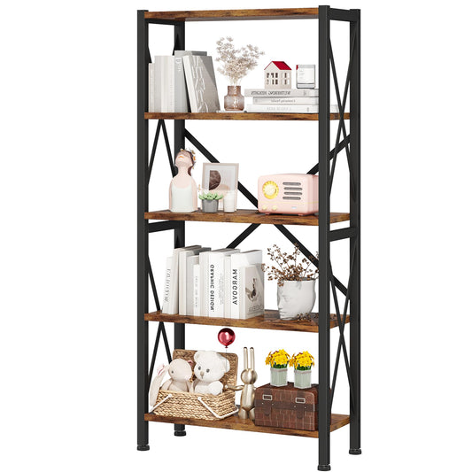 Homeiju Rustic 5-Tier Wood and Steel Bookshelf with Open Shelves - WoodArtSupply