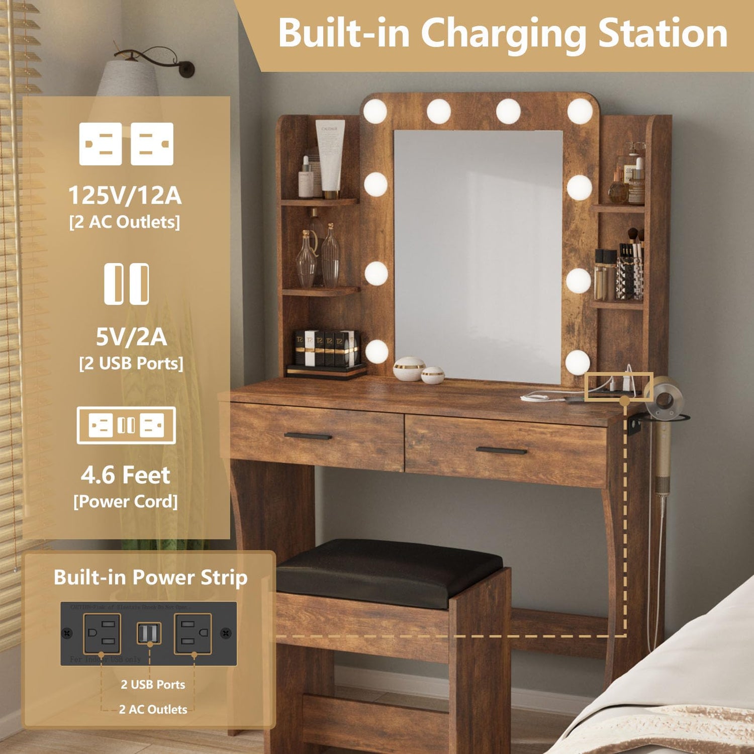 Vanity Desk with Lights,Makeup Vanity with Power Strip,Dressing Table Set with 2 Large Drawers,Vanity Mirror 3 Lighting Color Adjustable,Rustic Brown Vabches